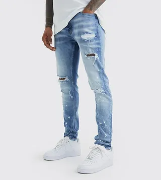 Stretch Bleached Ripped Skinny Fit Jeans