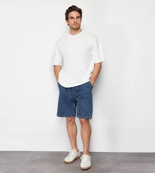 Drawstring Waist Denim Bermuda