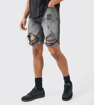 Relaxed Rigid Distressed Denim Shorts