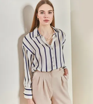 Striped Cuff Sleeves Satin Shirt