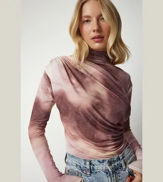 Tie-Dye Ruched High Neck Top