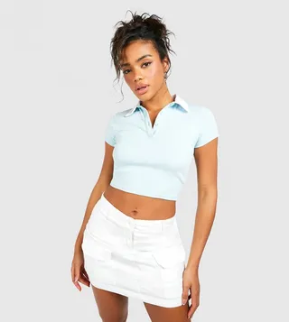Premium Contrast Ribbed Collared Crop Top