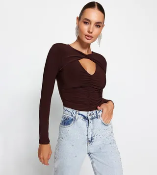 Ruched Cut-Out Detail Bodysuit Top