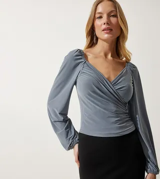 Solid V-Neck Bishop Sleeves Top