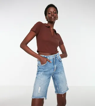 Polo Neck Crop Corduroy Knitted Top