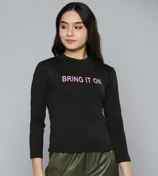 Slogan Print High Neck Knitted Top