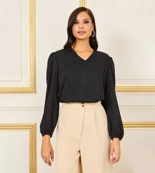 Oversized V-Neck Gingham Check Print Top