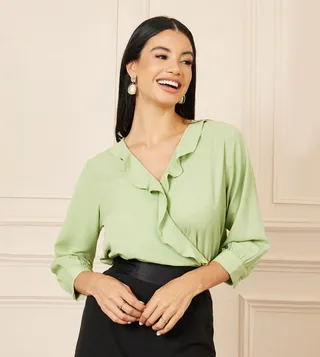 Moss Crepe V-Neck Ruffle Detail Top