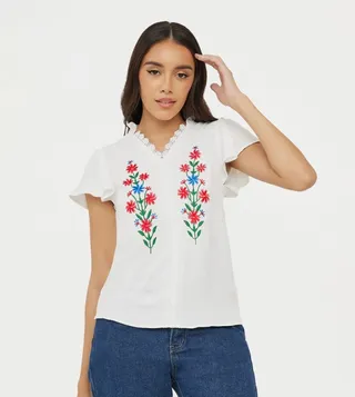 Embroidered Detail Notched Neck Top