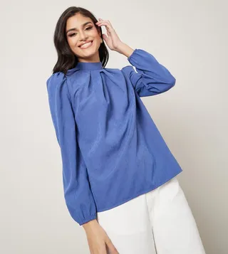 High Neck Pleats Detail Top