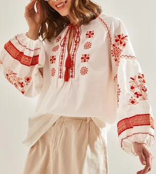 Embroidered Tie-Up Neck Tunic