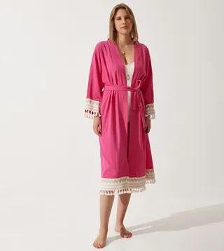 Lace Trim Tie Waist Kimono