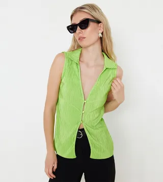Plisse Polo Neck Sleeveless Top