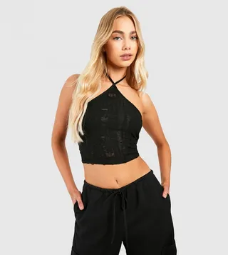 Halterneck Ladder Knit Crop Top