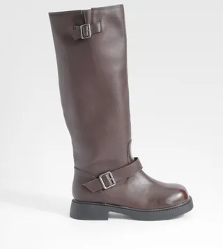 Wide Fit Double Buckle Chunky Knee High Biker Boots