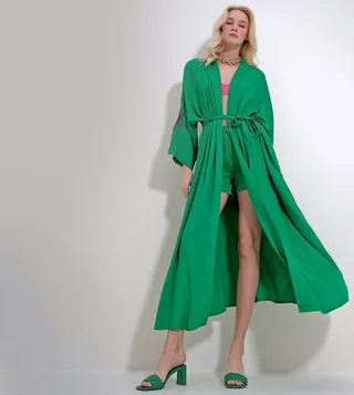 Long Sleeves Belted Maxi Kimono