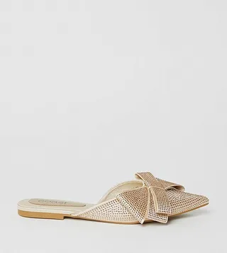 Kasha Satin Diamante Bow Detail Pointed Toe Mules