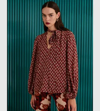 Patterned Foulard Collar Long Sleeves Top