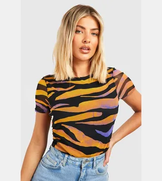 Mesh Zebra Print Ruched Top
