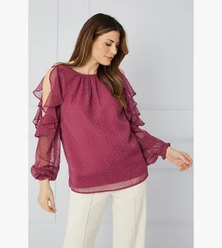 Tall Dobby Ruffle Cold Shoulder Top