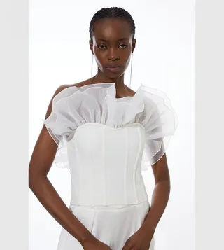 Figure Form Bandage Knitted Organza Frill Detail Top