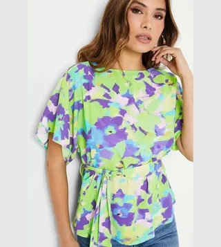 Belted Abstract Floral Batwing Sleeves Top