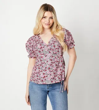 Printed Tie Side Wrap Short Sleeves Top