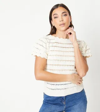 Petite Pointelle Striped Knitted Top