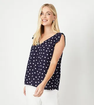 Petite Polka Dots Print Tie Strap V-Neck Cami Top