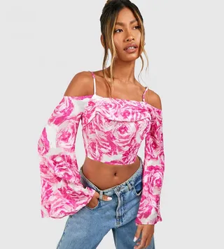 Floral Satin Drape Flare Sleeves Corset Top