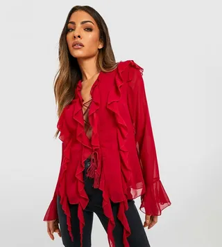 Chiffon Lace Up Ruffle Top