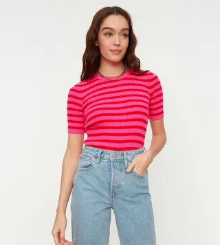 Striped Knitted Short Sleeves Top