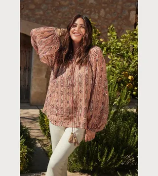 Artisan Print Tie Neck Casual Top