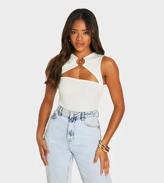 Textured Ring Detail Sleeveless Bodysuit