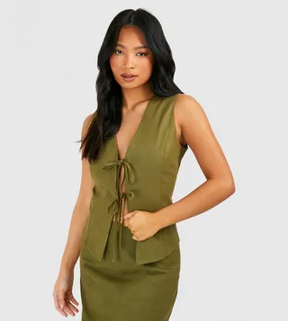 Petite Linen Blend Tie Front Sleeveless Top