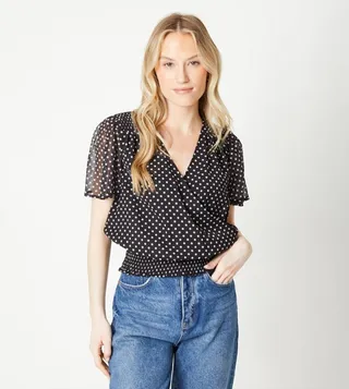 Polka Dots Chiffon Shirred Hem Wrap Top