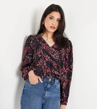 Floral Print Long Sleeves Pleated Hem Top