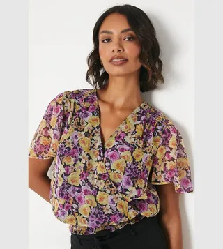 Tall Floral Print Chiffon Shirred Hem Wrap Top