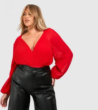 Curve Pleated Chiffon Bodysuit Top