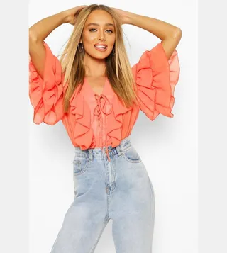 Woven Ruffle Lace Up Top