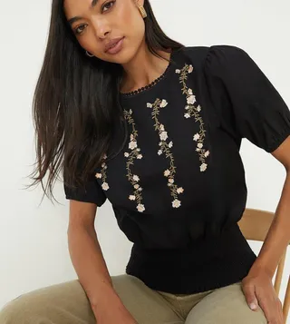 Black Embroidered Shirred Hem Top