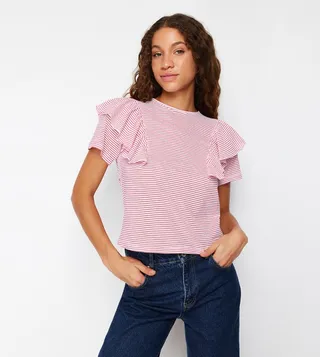 Striped Short Sleeves Ruffle Detail Top