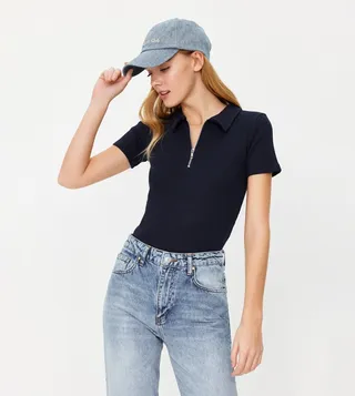 Ribbed Collared Top