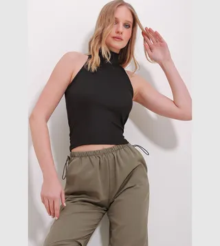 Ribbed High Neck Sleeveless Crop Top