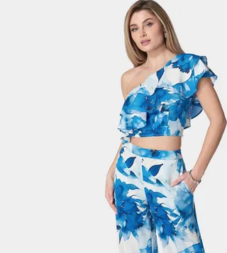 Patterned One Shoulder Ruffled Crop Top