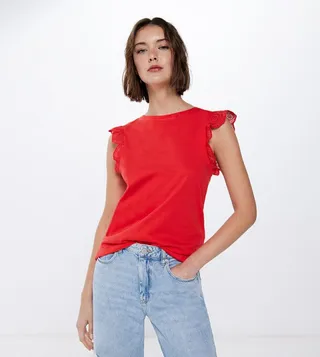 Embroidered Detail Ruffle Sleeves Top