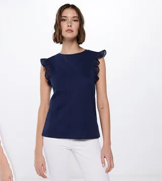 Embroidered Detail Ruffle Sleeves Top