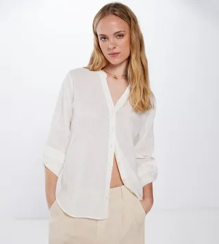 Solid Mandarin Collar Linen Shirt