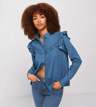 Ruffle Trim Denim Shirt