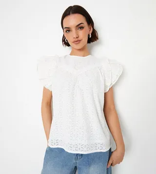 Broderie Lace Trim Ruffle Sleeves Top